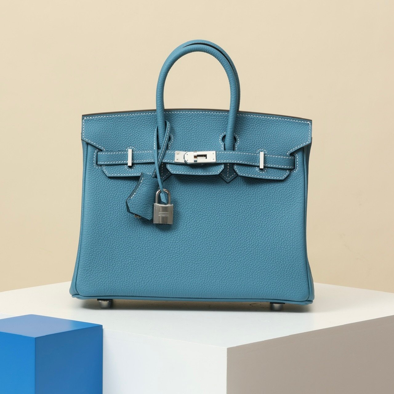 vva純手工定制奢品正品級原單定制開模愛馬仕HARMAS BIRKIN25愛馬仕鉑金包牛仔藍色1：1