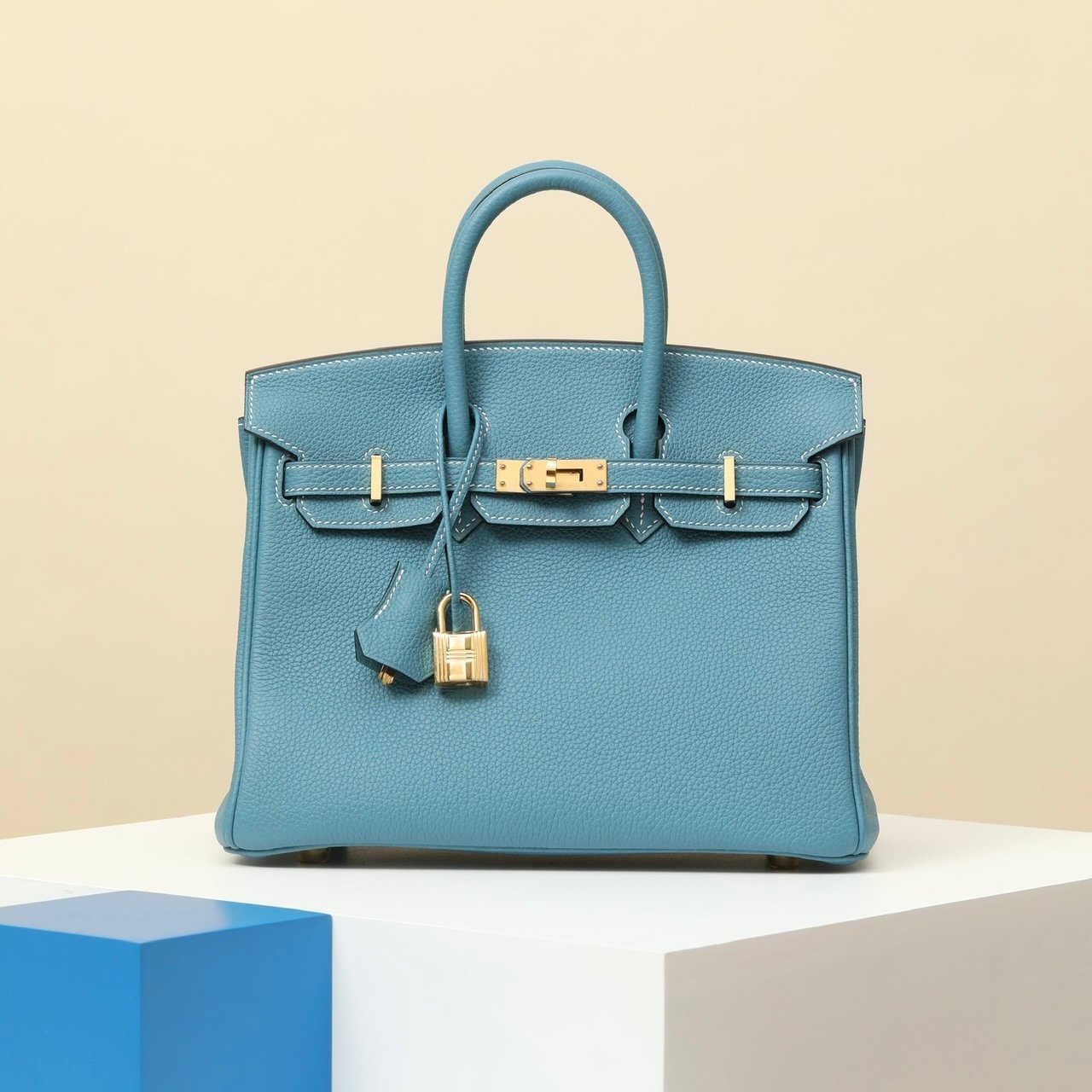 vva純手工定制奢品正品級原單定制開模愛馬仕HARMAS BIRKIN25愛馬仕鉑金包新牛仔藍色1：1